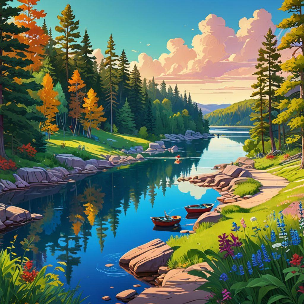An artistic representation of a vibrant Minnesota landscape, featuring iconic elements such as the state outline and the famous lakes, interspersed with colorful, playful cartoon characters to represent the adult animation scene. Incorporate elements of animation, such as film reels and drawing tools, blending into the natural scenery. The overall mood should be energetic and inviting, showcasing diversity in animation styles and characters. Illustrate a creative workspace filled with sketches and digital screens displaying animated content. bold colors. vector art. dynamic composition.